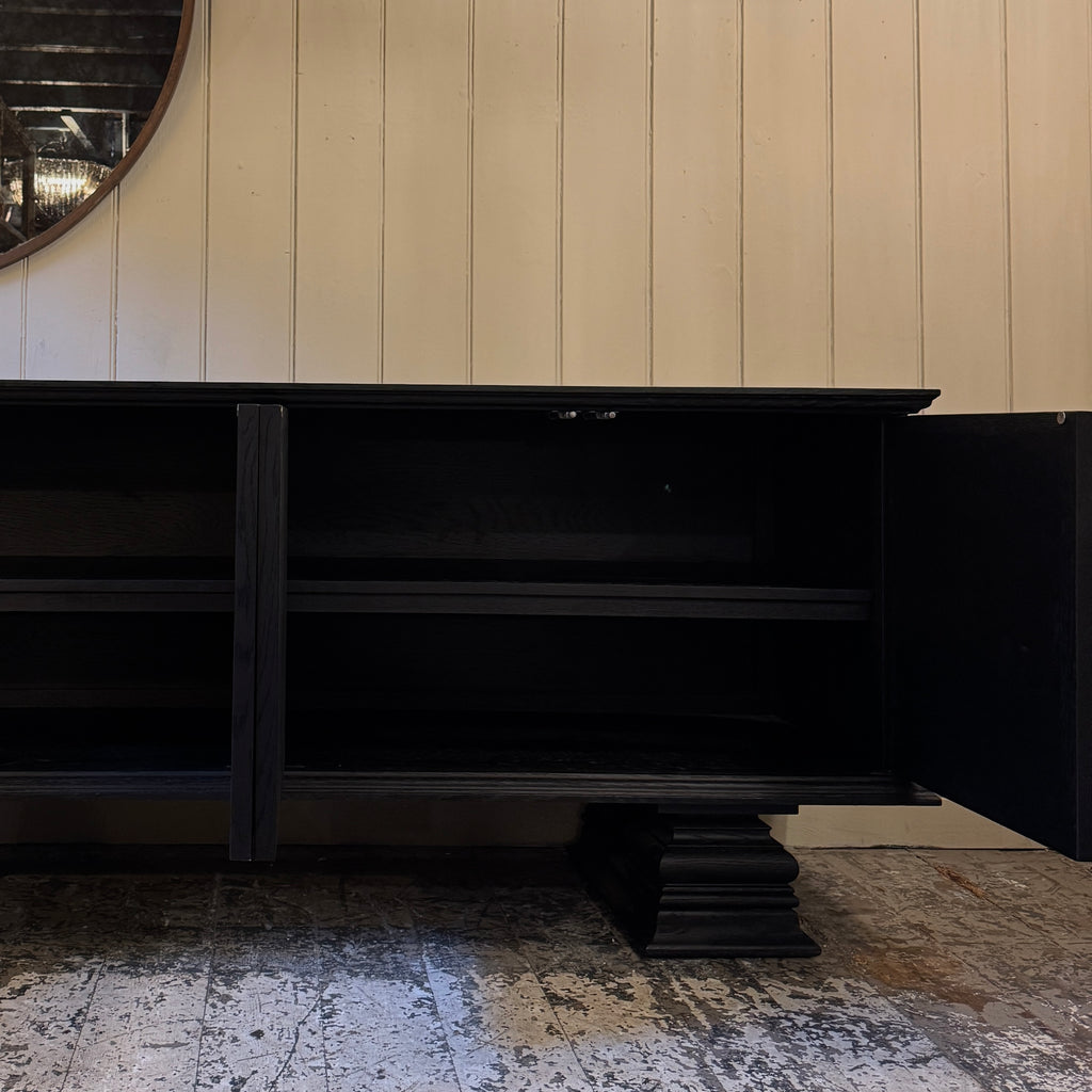 Black decorative cabinet with star patterns, ebonised oak, star motif