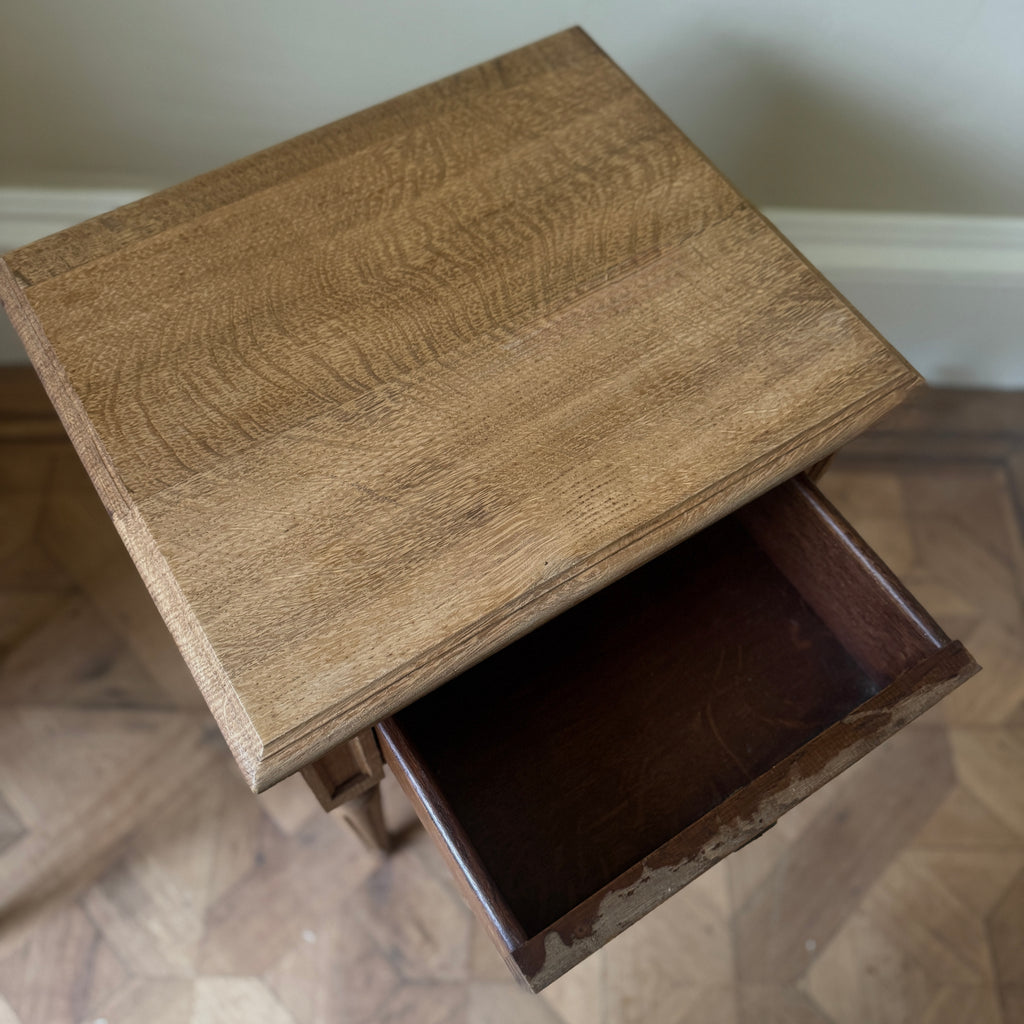 Two wooden side tables with a drawer each, ring pull handles, tapered legs