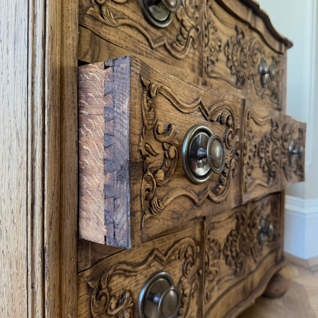 Wooden dresser with intricate carvings, french dresser, dovetail drawer

