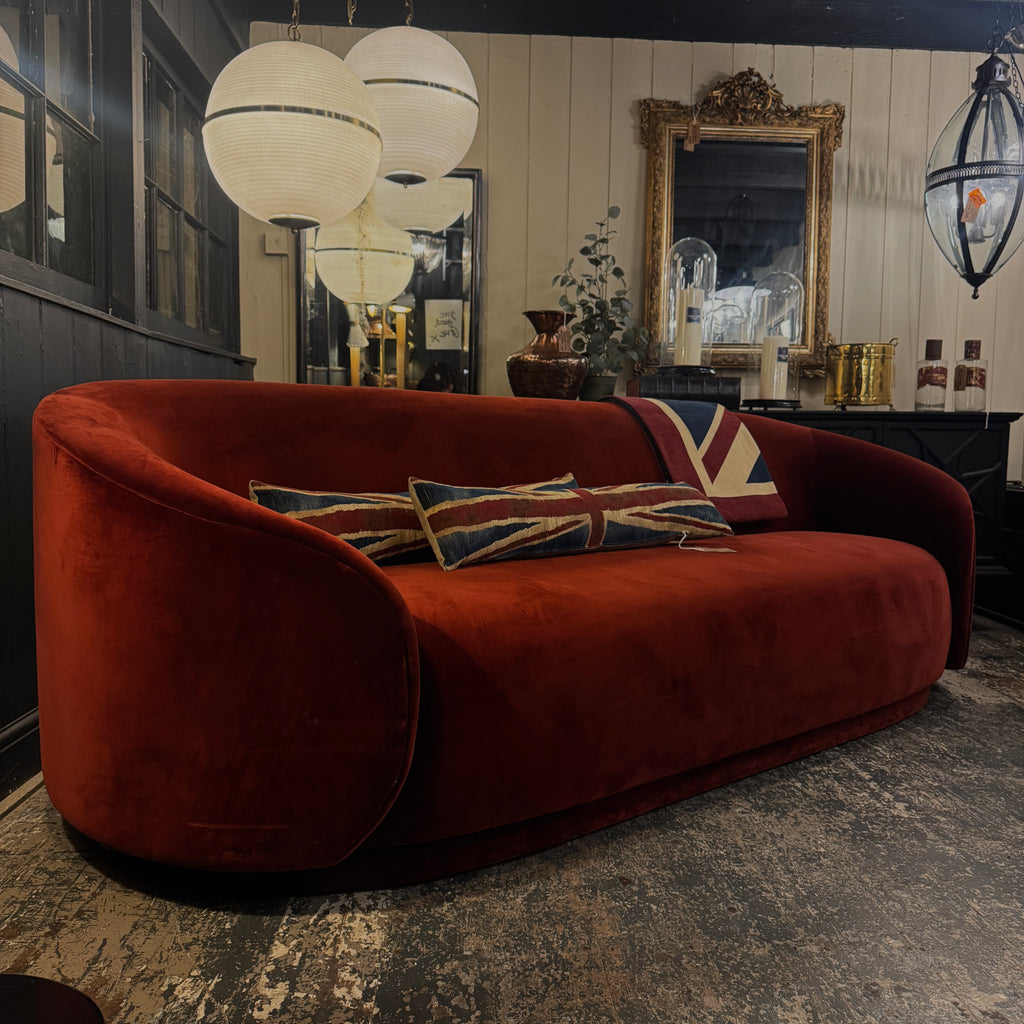 mid-century style, sofa, 4 seater, red velvet, statement sofa